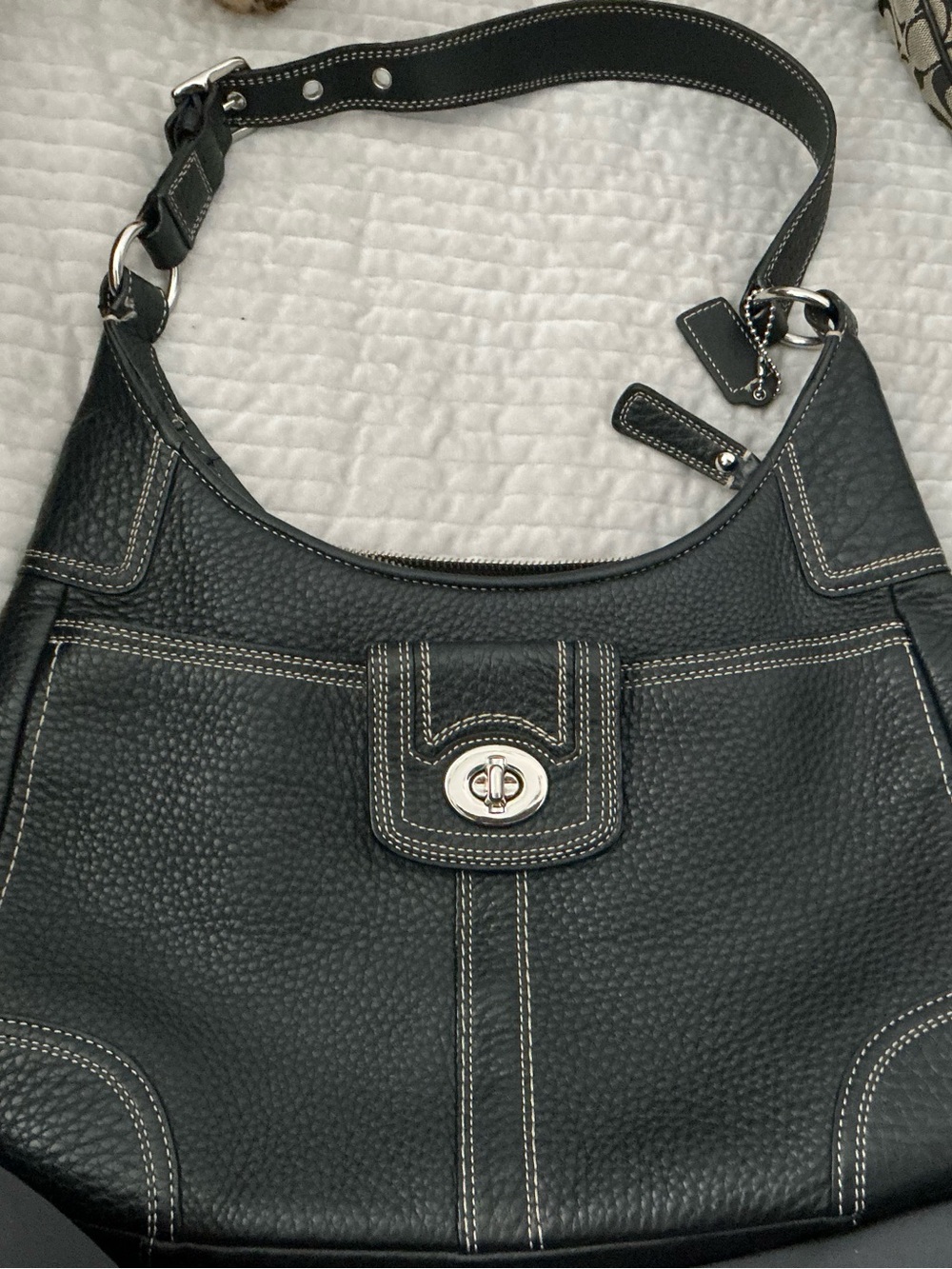 Coach Black Pebbled Leather Shoulder Bag with Silver Turnlock